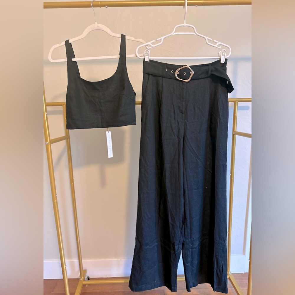 House Of Harlow 1960 Linen Blend Cropped Tank and Pant Set, Black